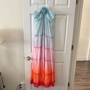 Mainstrip Tiered Ombre Maxi Dress with Floral Accent - Light Blue to Coral Pink